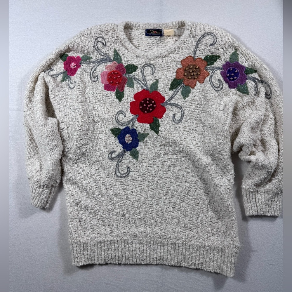 Vintage 80s Grandmacore Floral Appliqué Sweater Oversized Cottagecore | Size L